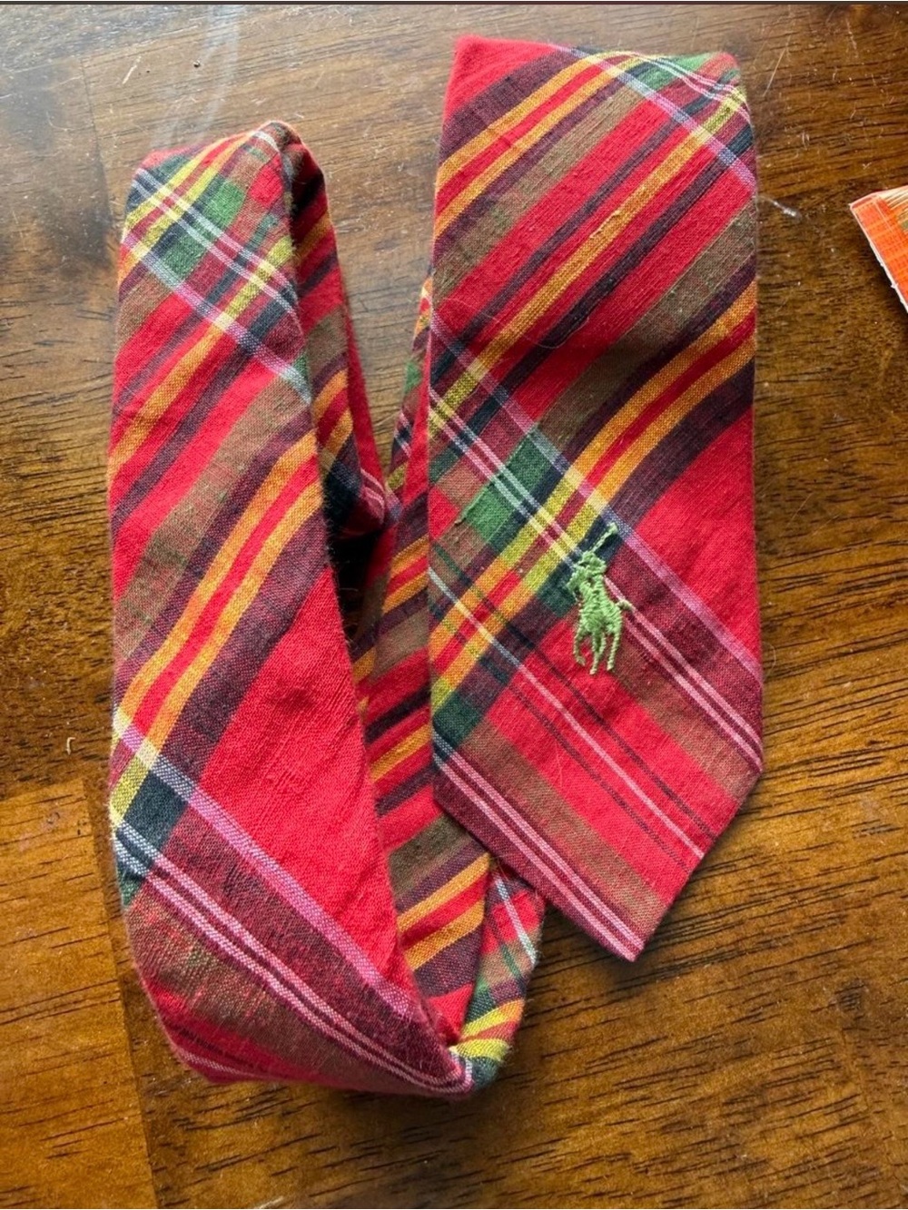 Polo by Ralph Lauren Red Plaid Kids Tie with Green Logo